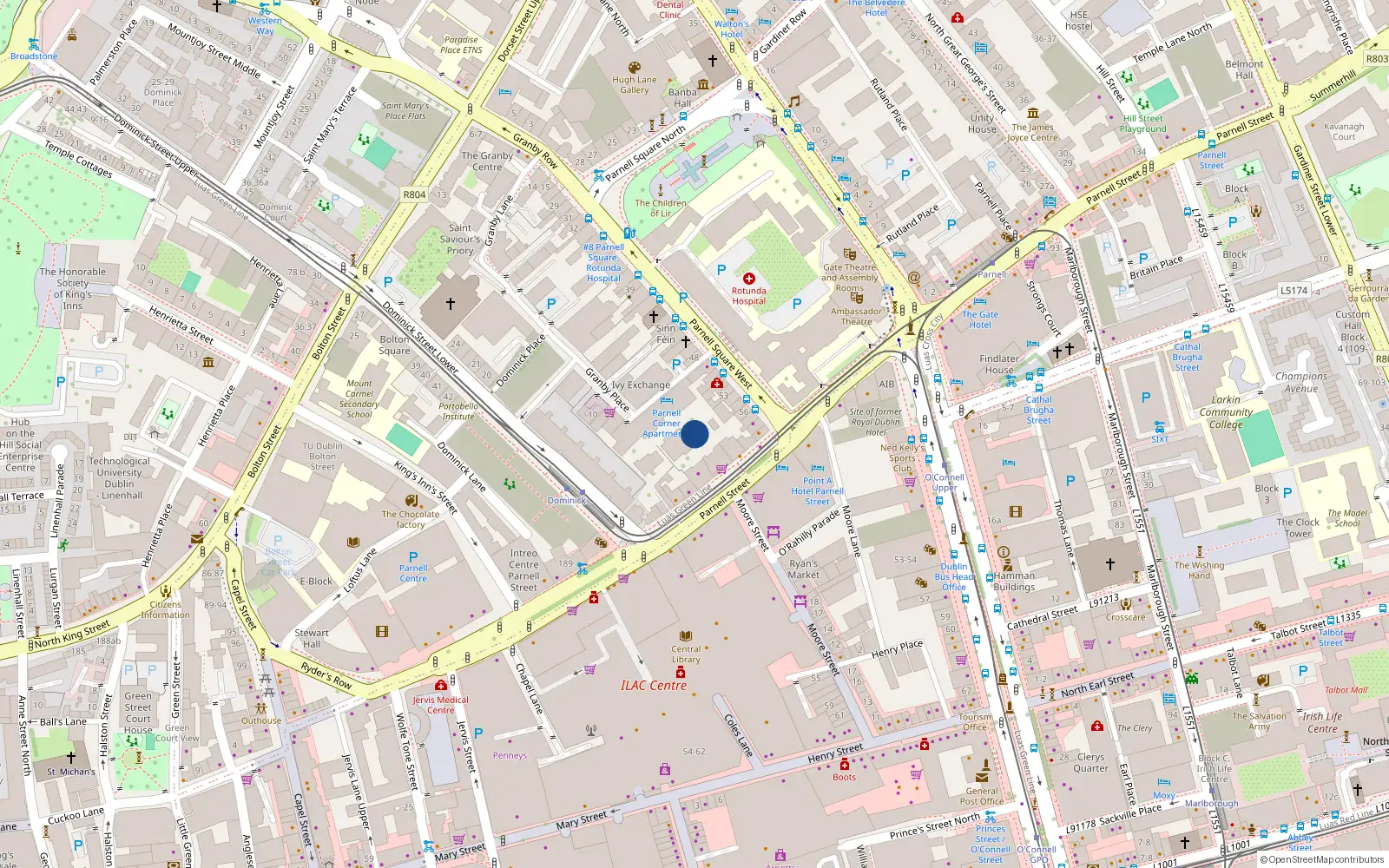 Overhead map showing the location of 4 Ivy Exchange, Parnell St, Dublin 1