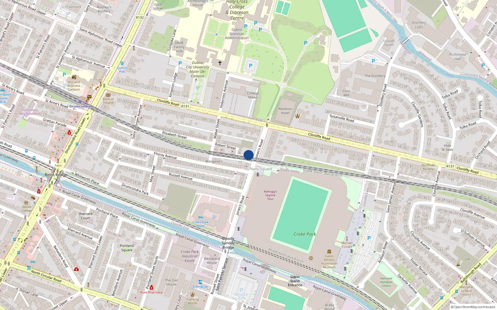 Overhead map showing the location of 4 Jones's Road, Drumcondra, Dublin 3