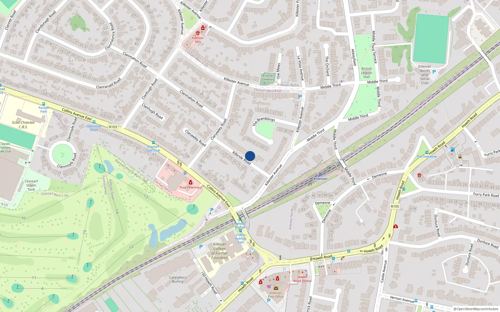 Overhead map showing the location of 4 Kilbride Road, Killester, Dublin 5