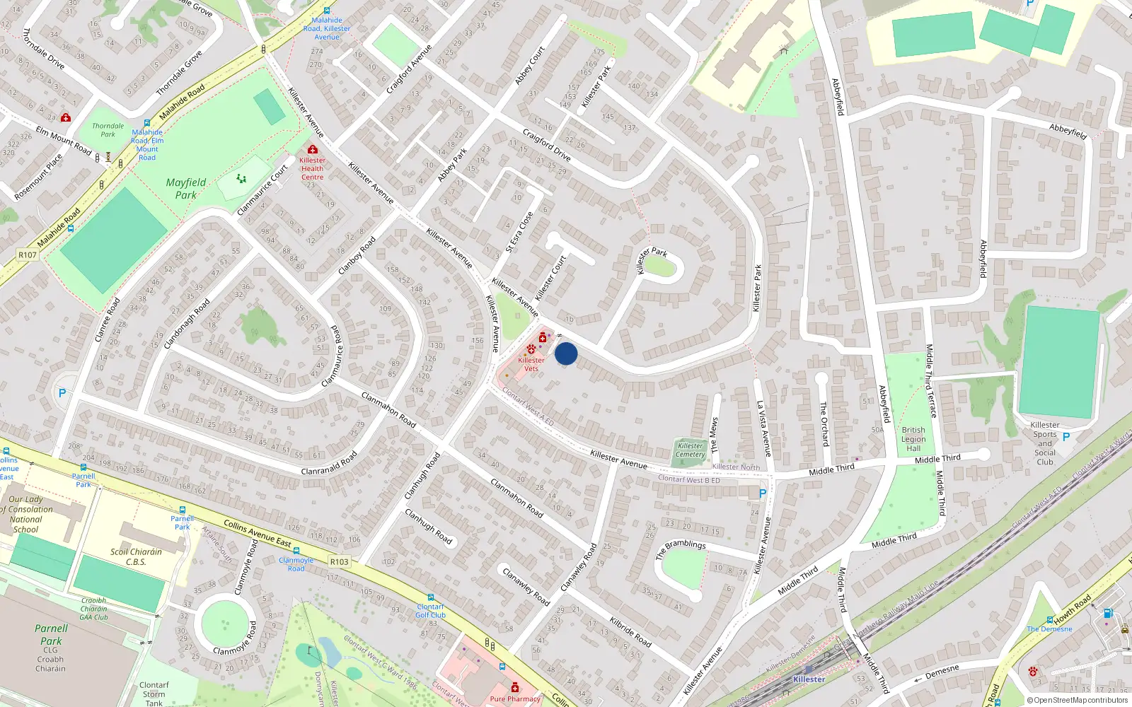 Overhead map showing the location of 4 Killester Park, Dublin 5
