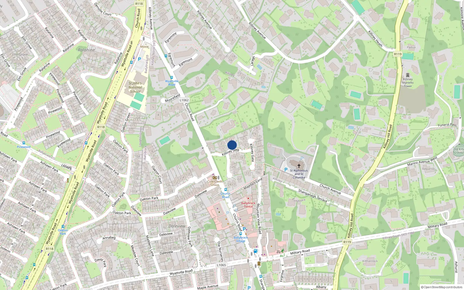 Overhead map showing the location of 4 Killiney Gate, Church Road, Killiney