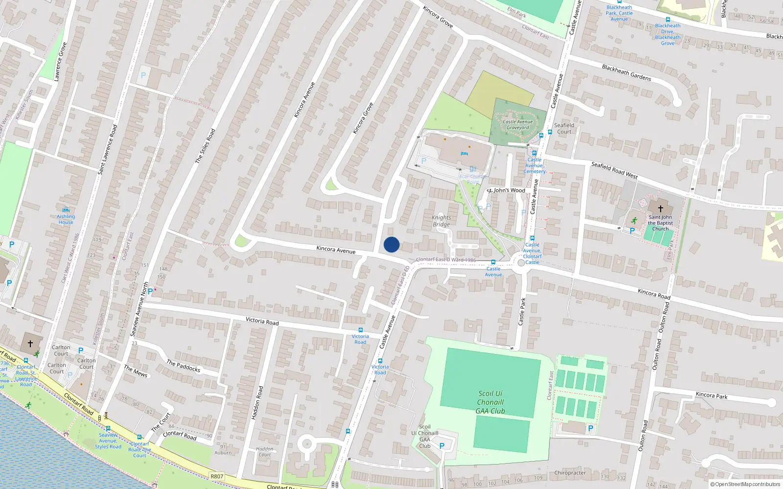 Overhead map showing the location of 4 Kincora Avenue, Clontarf, Dublin 3