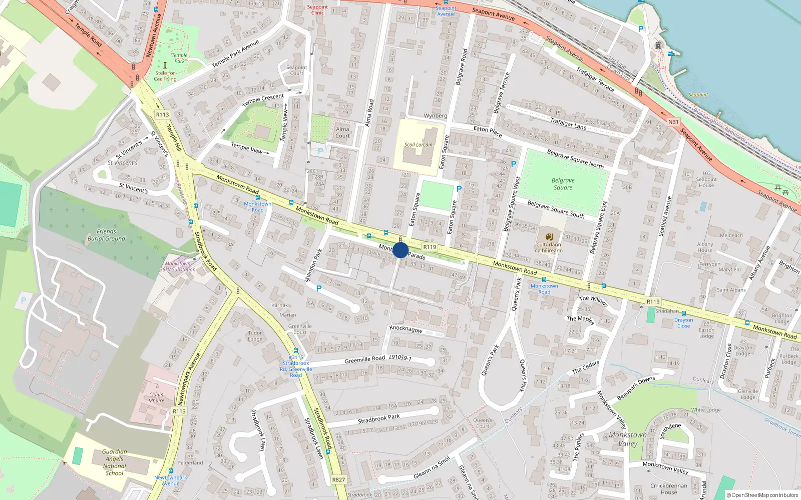 Overhead map showing the location of 4 Kings Villa, Montpellier Parade, Monkstown