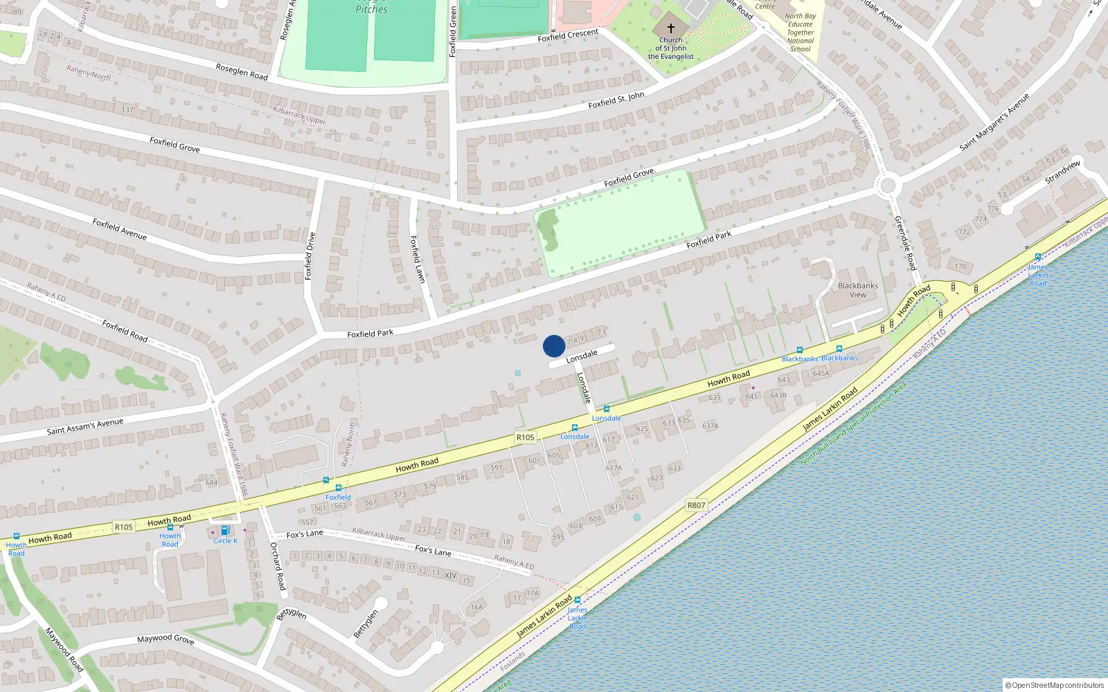 Overhead map showing the location of 4 Londsdale, Howth Road, Raheny