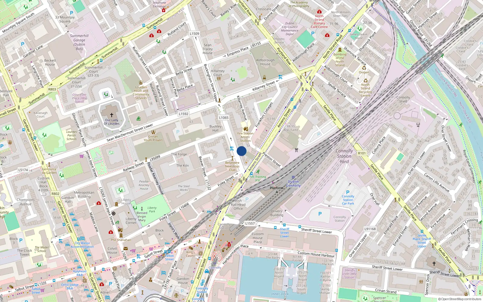 Overhead map showing the location of 4 Buckingham Street Lower, Dublin 1