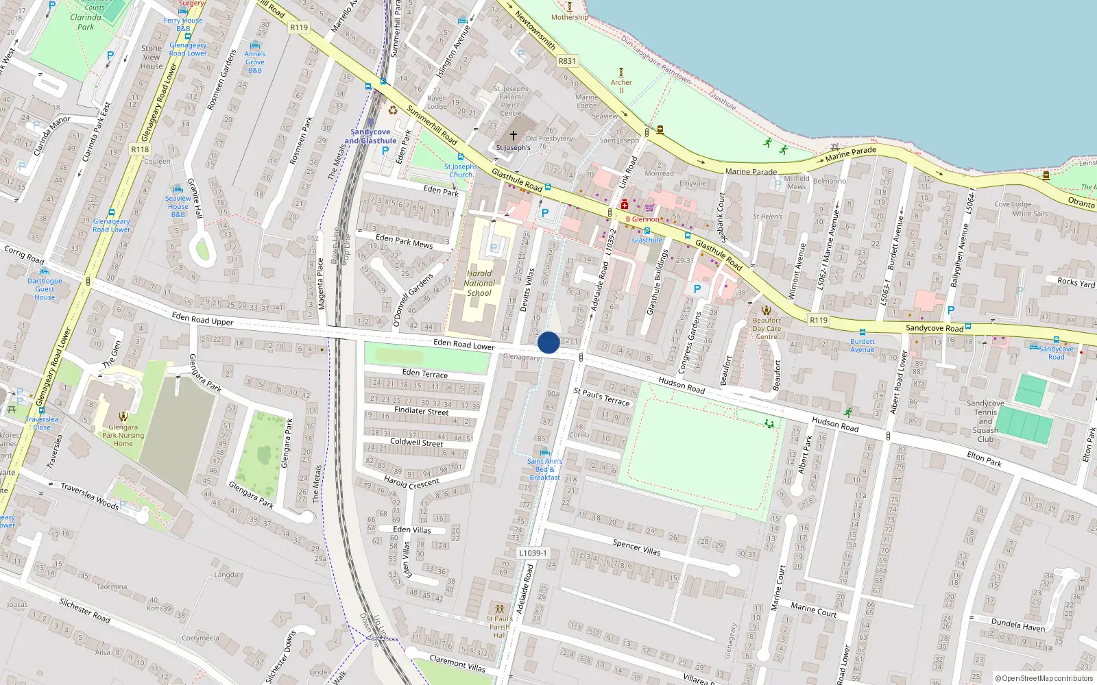 Overhead map showing the location of 4 Lower Eden Road, Glasthule, Dun Laoghaire