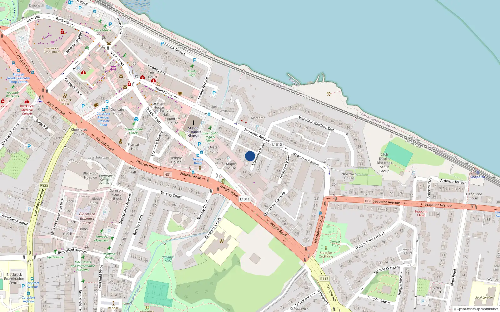 Overhead map showing the location of 4 Maretimo Road, Blackrock