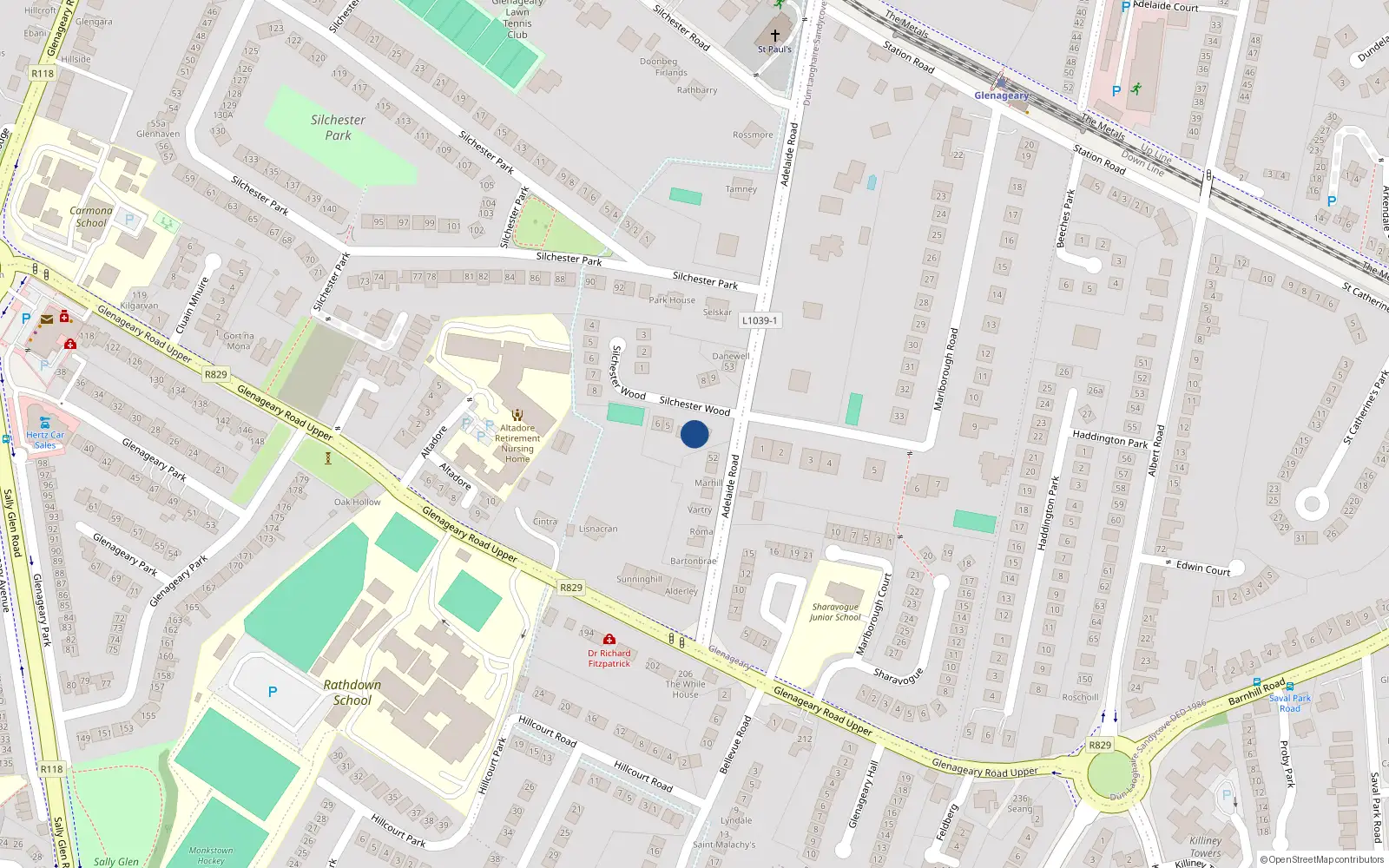 Overhead map showing the location of 4 Marlborough Park, Glenageary, Dublin