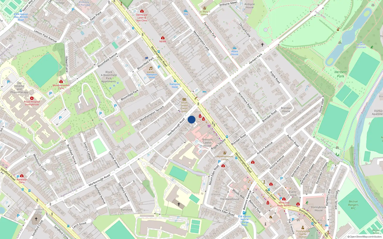 Overhead map showing the location of 4 Marlborough Road, Donnybrook