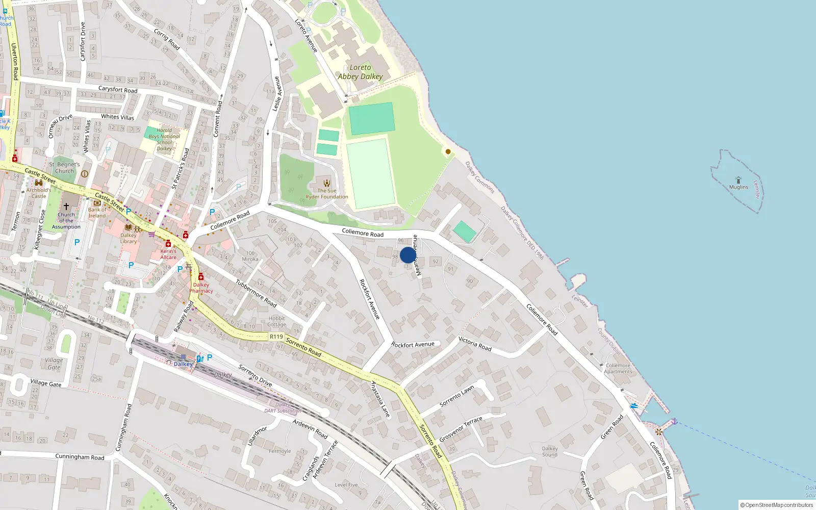 Overhead map showing the location of 4 Meany Avenue, Dalkey