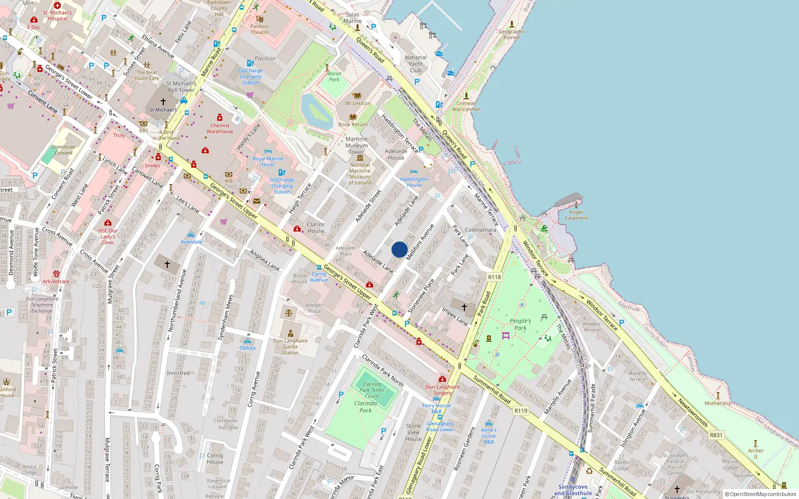 Overhead map showing the location of 4 Mellifont Avenue, Dun Laoghaire, Dublin