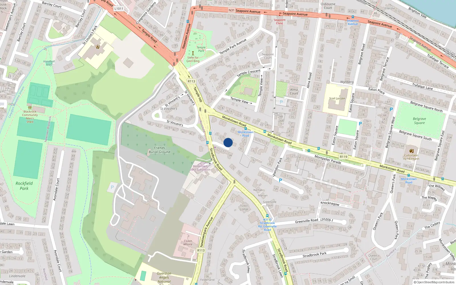 Overhead map showing the location of 4 Montpelier Place, Blackrock, Dublin