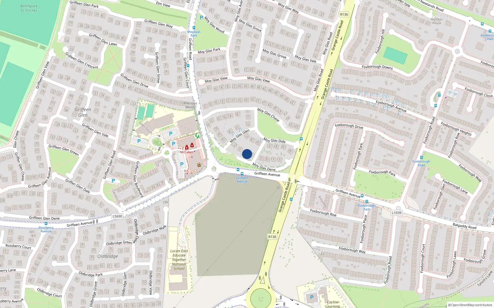 Overhead map showing the location of 4 Moy Glas Dene, Lucan, Dublin