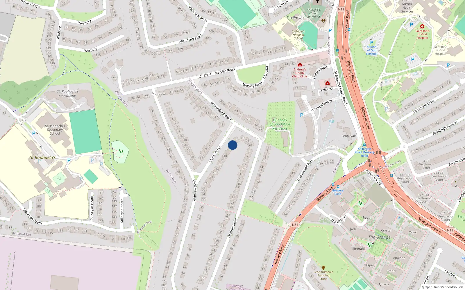 Overhead map showing the location of 4 Myrtle Grove, Stillorgan, Dublin
