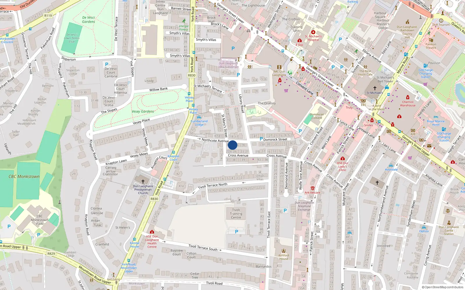Overhead map showing the location of 4 Northcote Avenue, Dun Laoghaire, Dublin