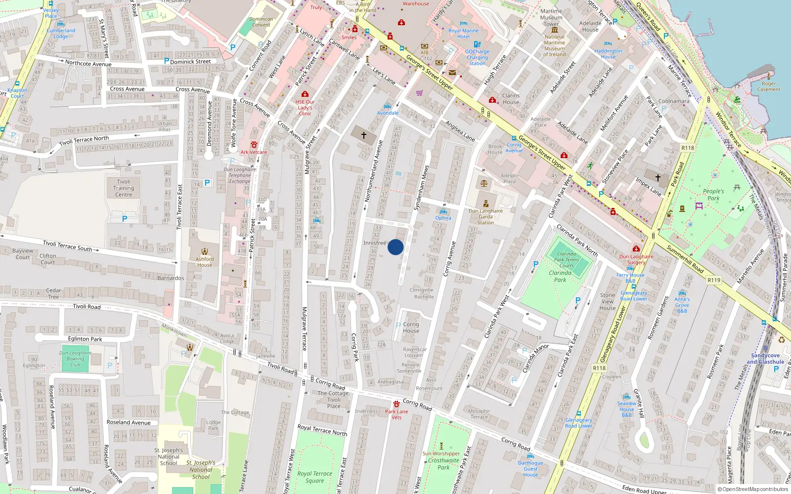 Overhead map showing the location of 4 Northumberland Close, Dun Laoghaire, Co Dublin