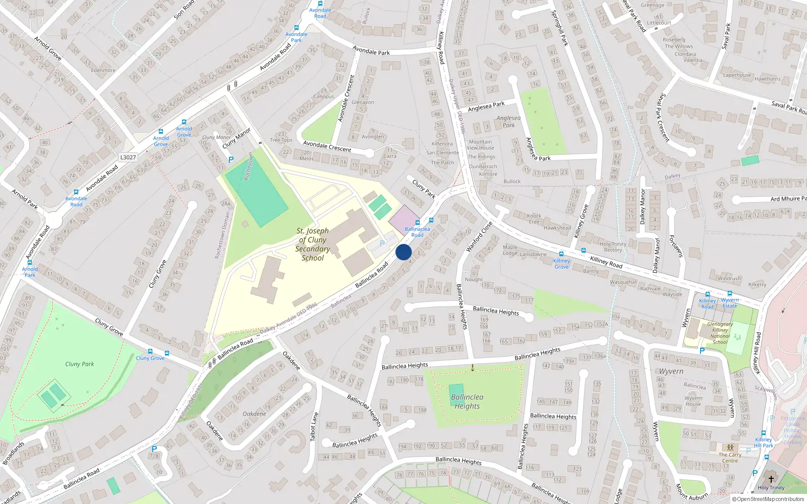 Overhead map showing the location of 4 Oakdene, Killiney