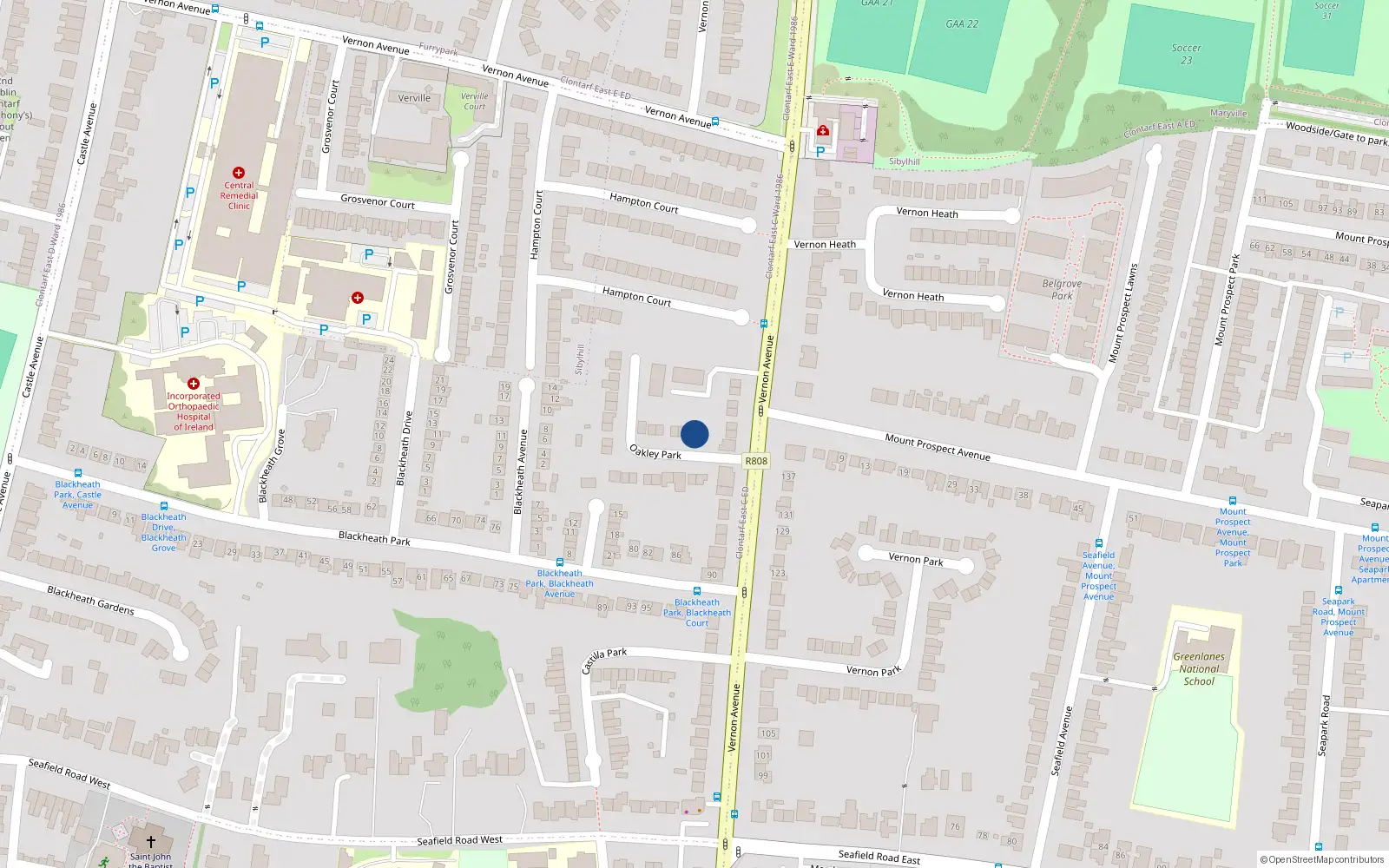 Overhead map showing the location of 4 Oakley Park, Clontarf, Dublin 3