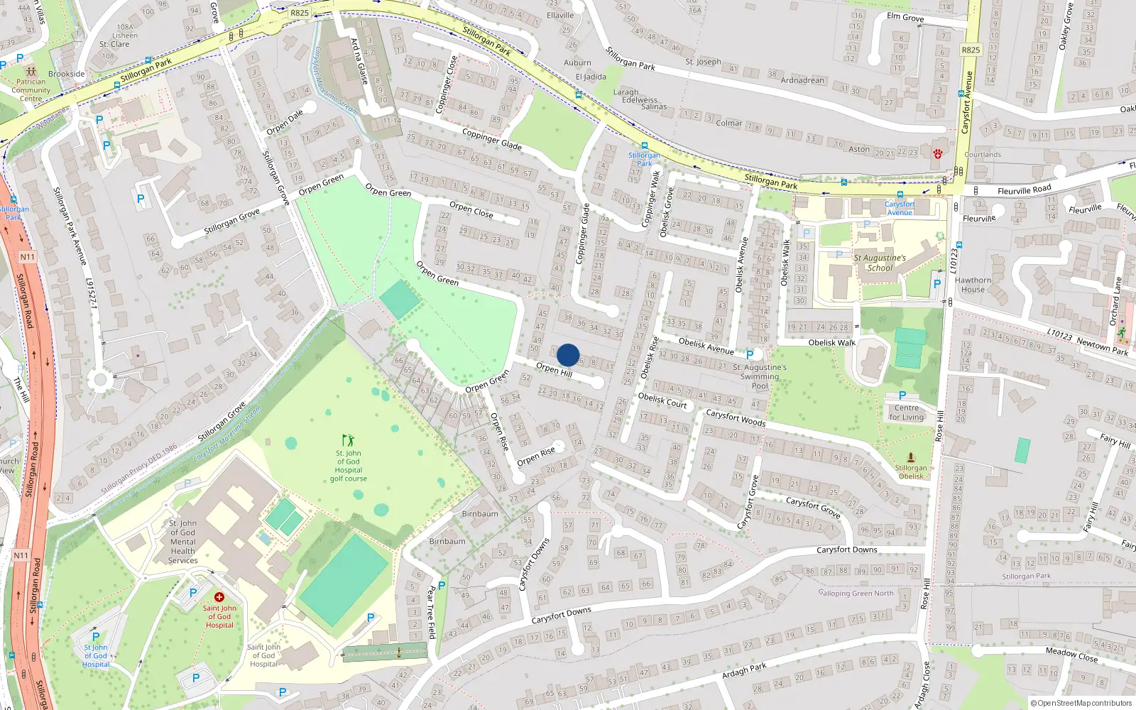 Overhead map showing the location of 4 Orpen Hill, Stillorgan Grove, Blackrock