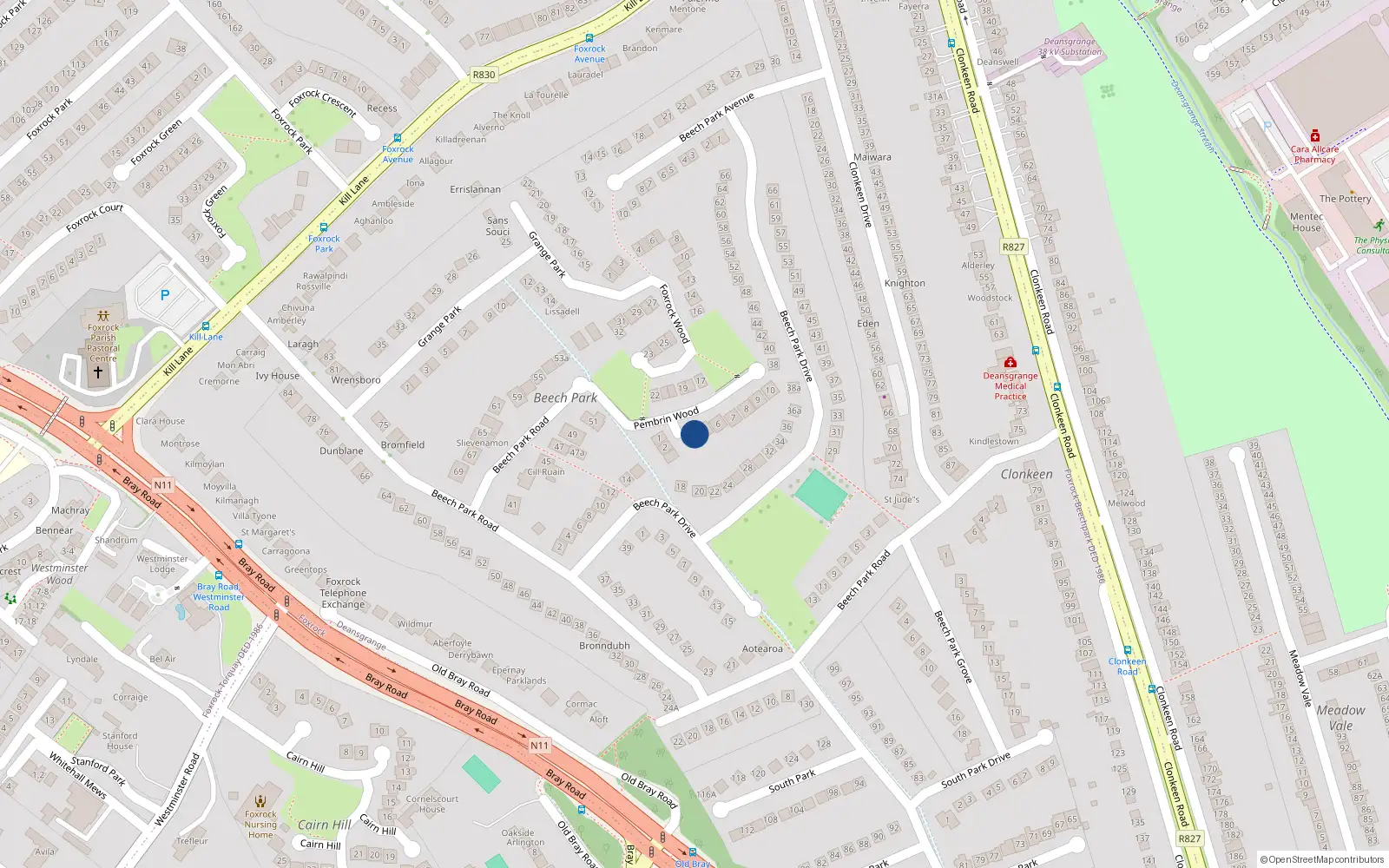 Overhead map showing the location of 4 Pembrin Wood, Foxrock