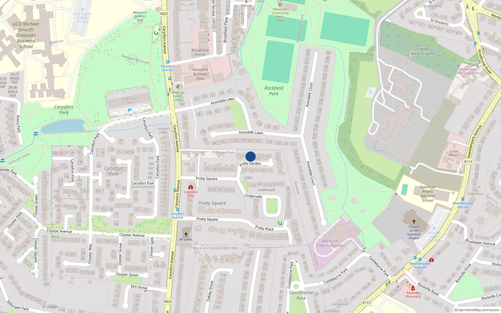 Overhead map showing the location of 4 Proby Gardens, Blackrock, Dublin