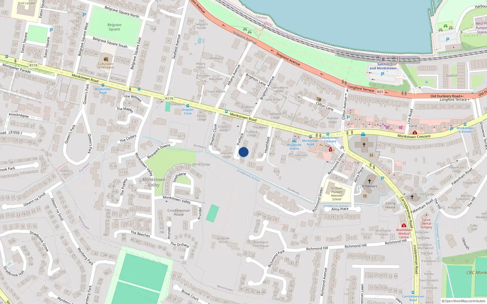 Overhead map showing the location of 4 Purbeck, Monkstown Road, Monkstown