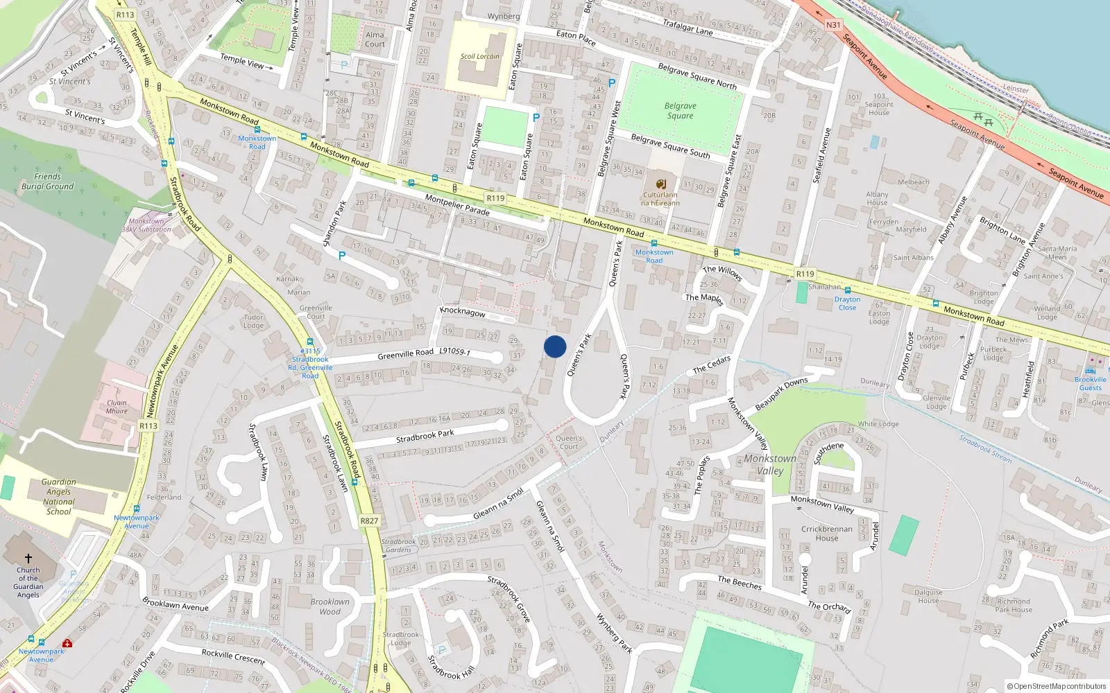 Overhead map showing the location of 4 Queens Park, Monkstown, Co Dublin