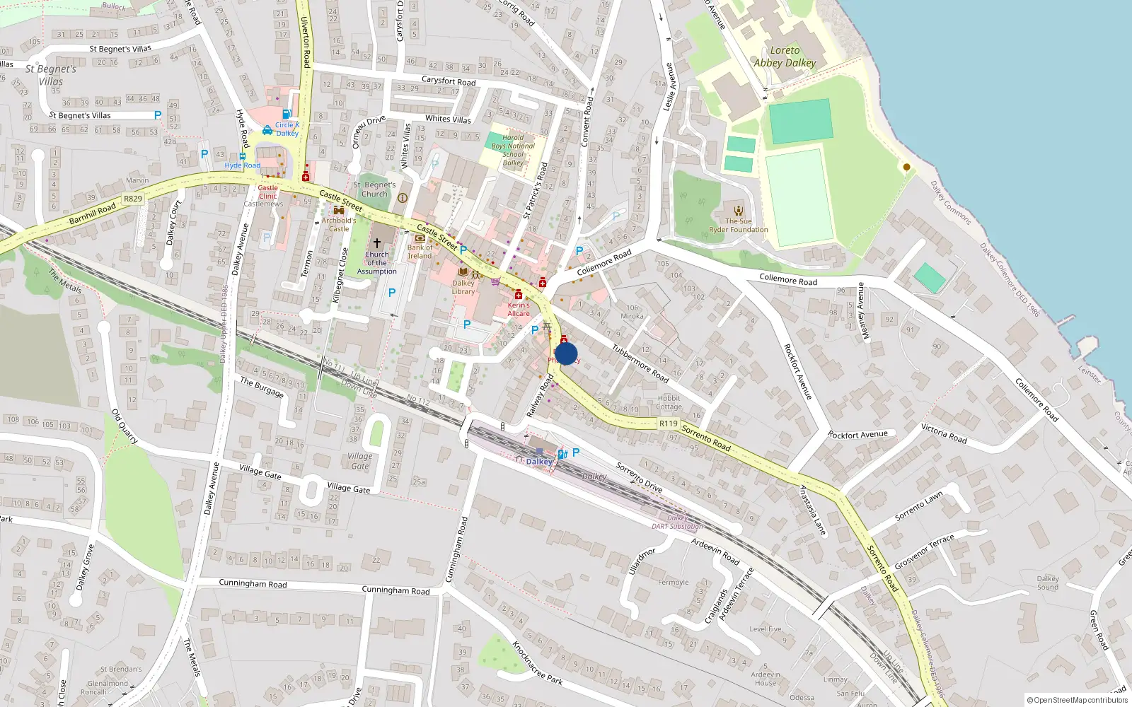Overhead map showing the location of 4 Railway Road, Dalkey, Dublin