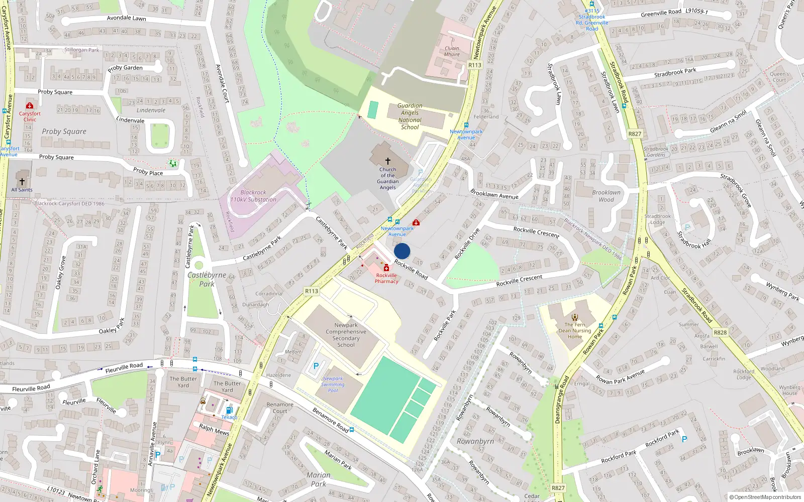 Overhead map showing the location of 4 Rockville Road, Blackrock