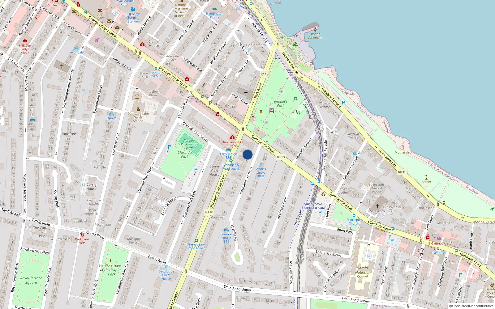 Overhead map showing the location of 4 Rosmeen Gardens, Dun Laoghaire, Dublin