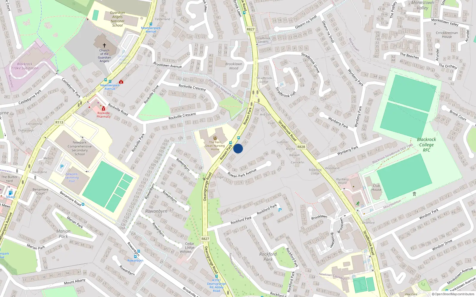 Overhead map showing the location of 4 Rowan Park, Blackrock, Dublin
