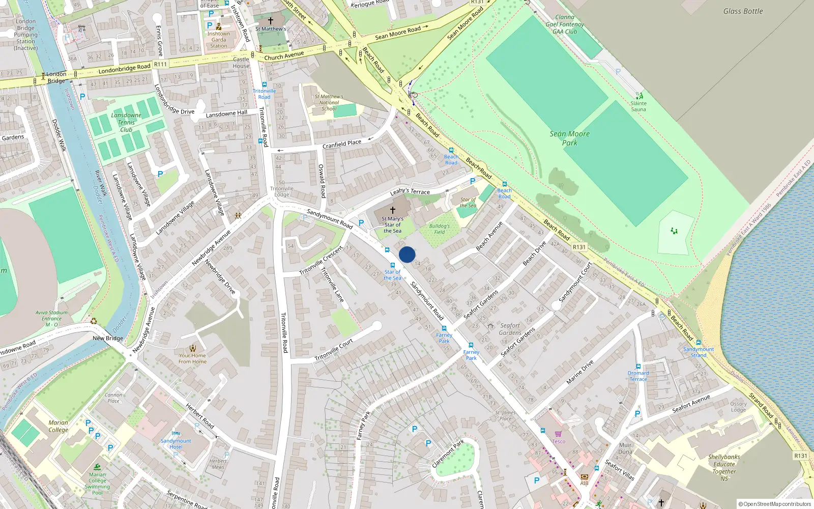 Overhead map showing the location of 4 Sandymount Road, Sandymount