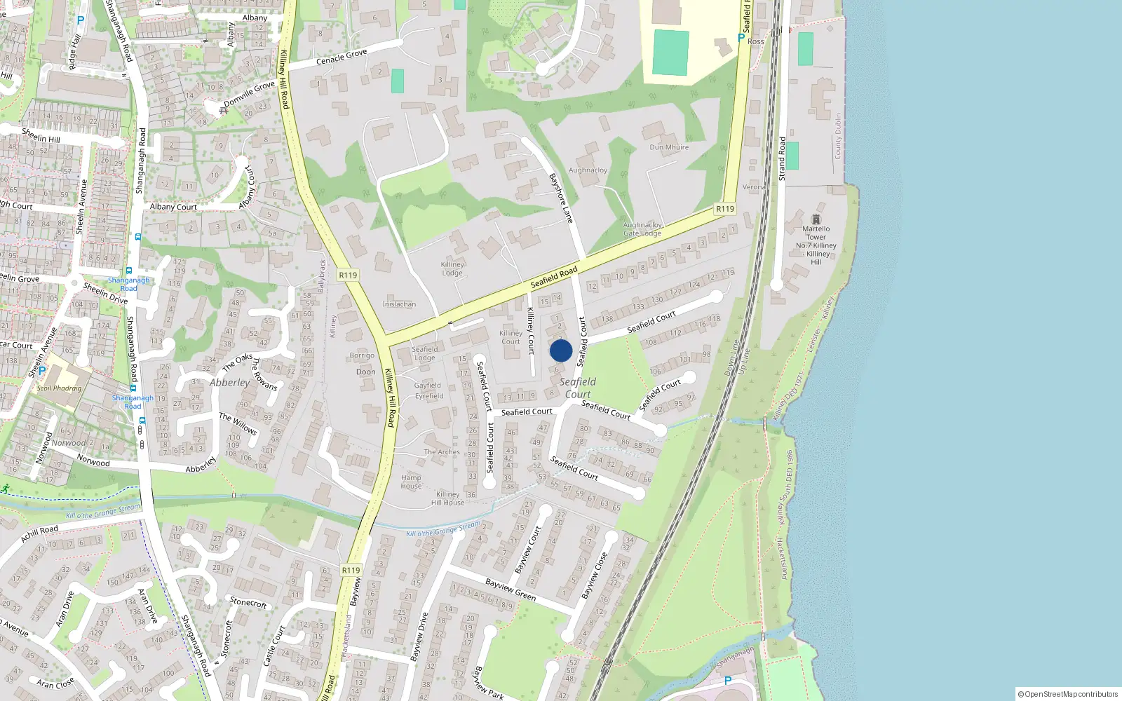Overhead map showing the location of 4 Seafield Court, Killiney