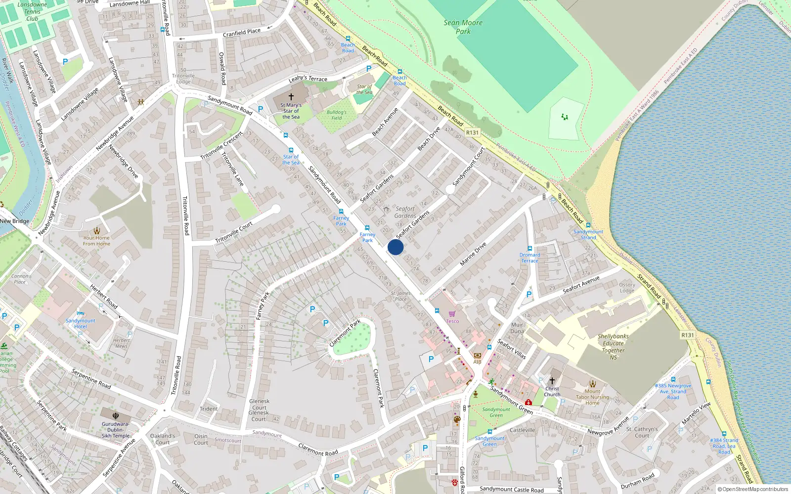 Overhead map showing the location of 4 Seafort Gardens, Sandymount