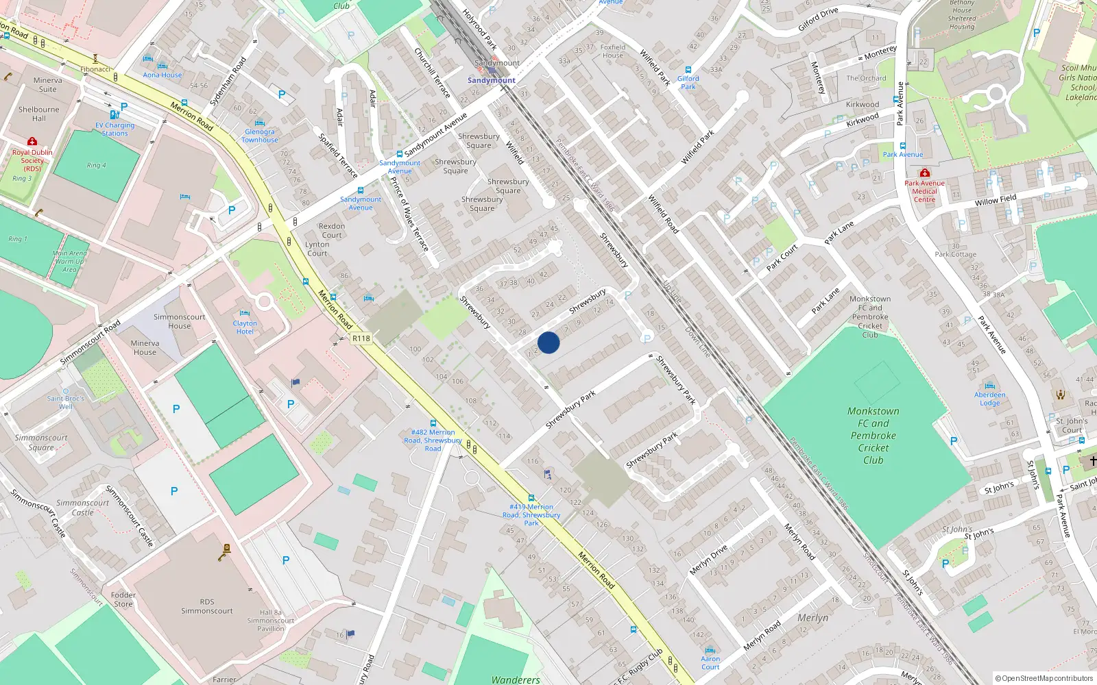 Overhead map showing the location of 4 Shrewsbury, Ballsbridge