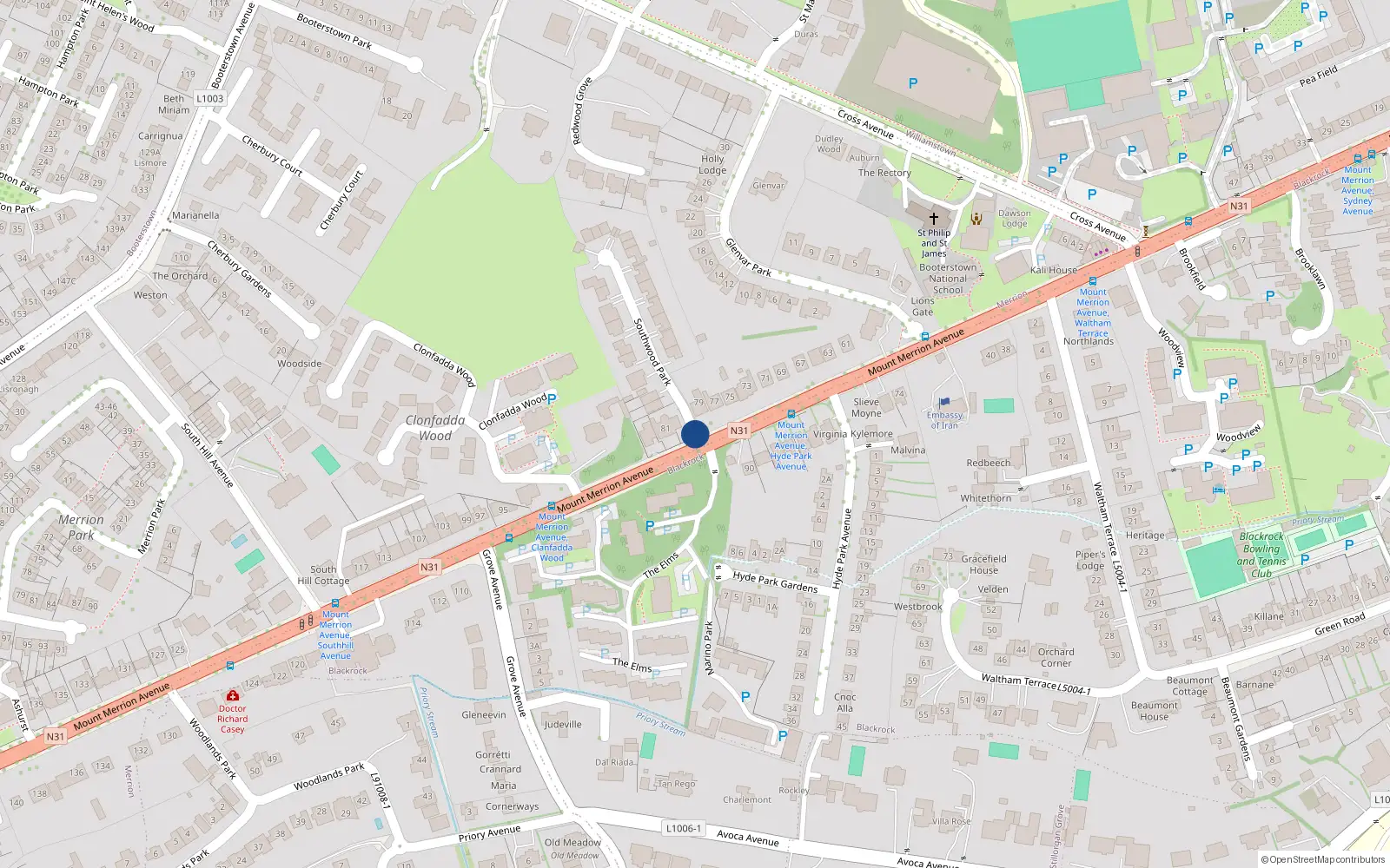 Overhead map showing the location of 4 Southwood Park, Blackrock