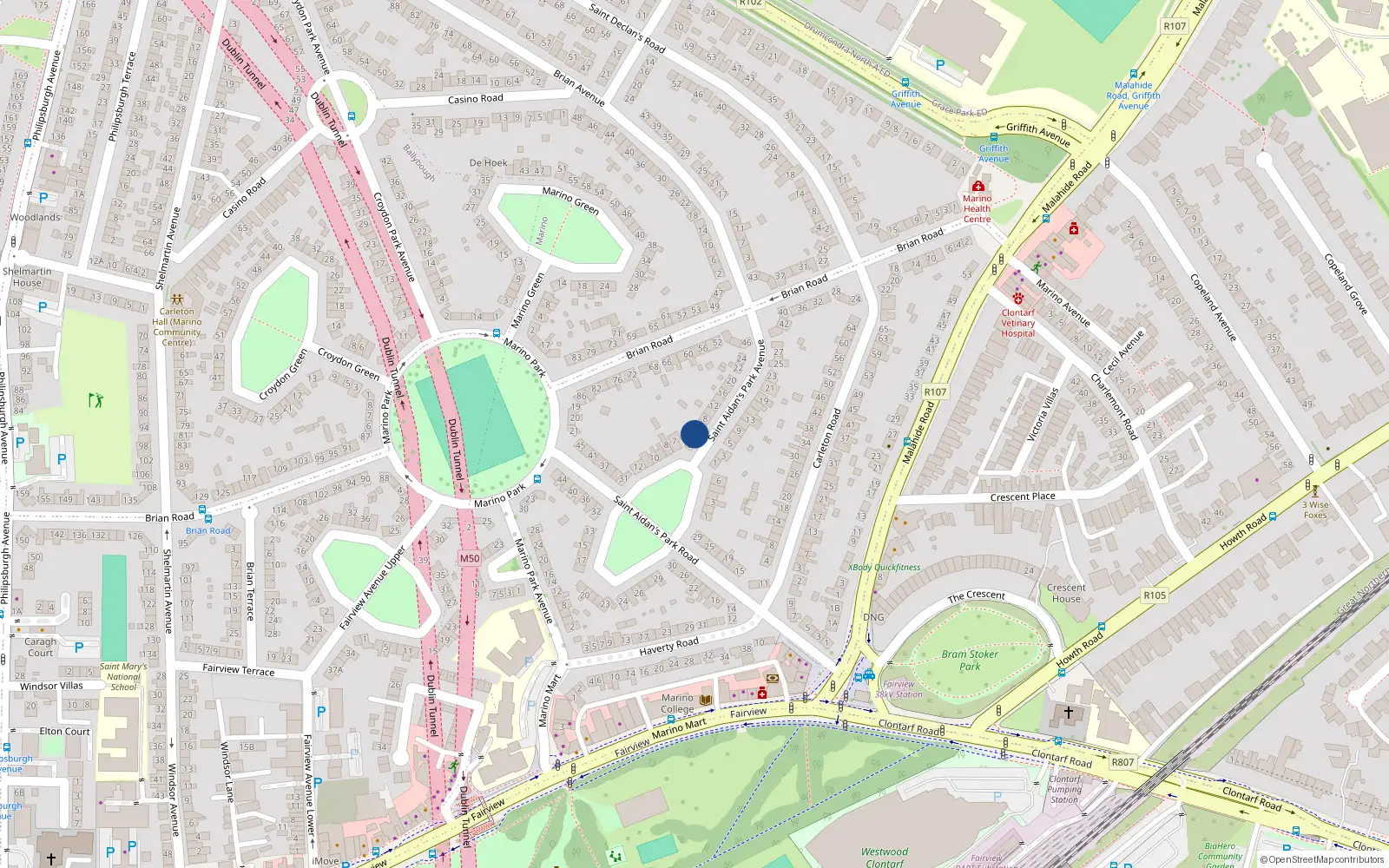 Overhead map showing the location of 4 St Aidans Park Avenue, Marino, Dublin 3