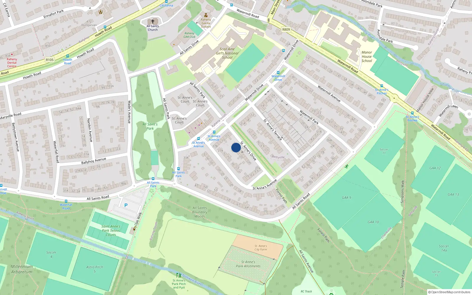 Overhead map showing the location of 4 St Annes Drive, Raheny, Dublin 5