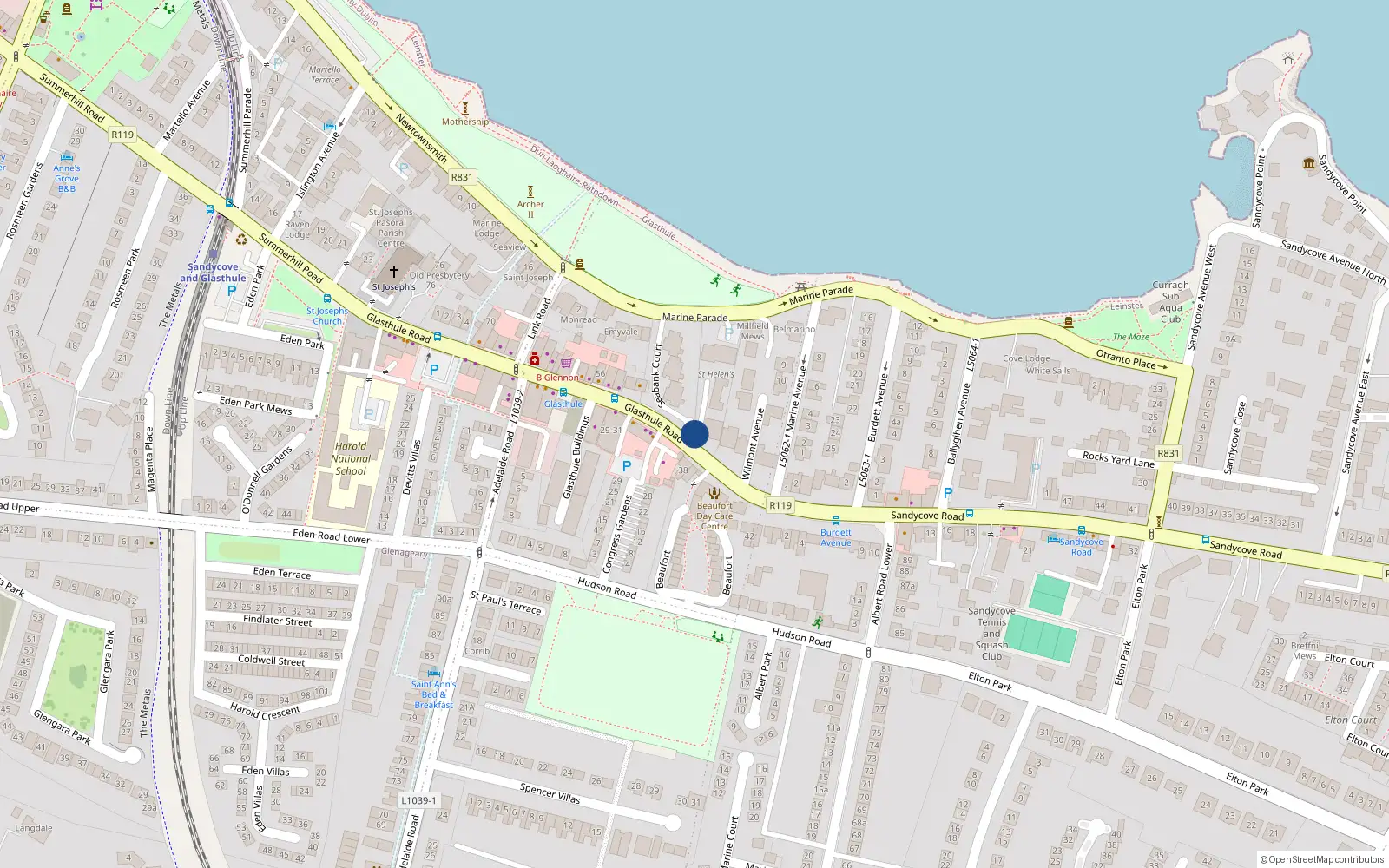 Overhead map showing the location of 4 St Helens, Glasthule Road, Glasthule