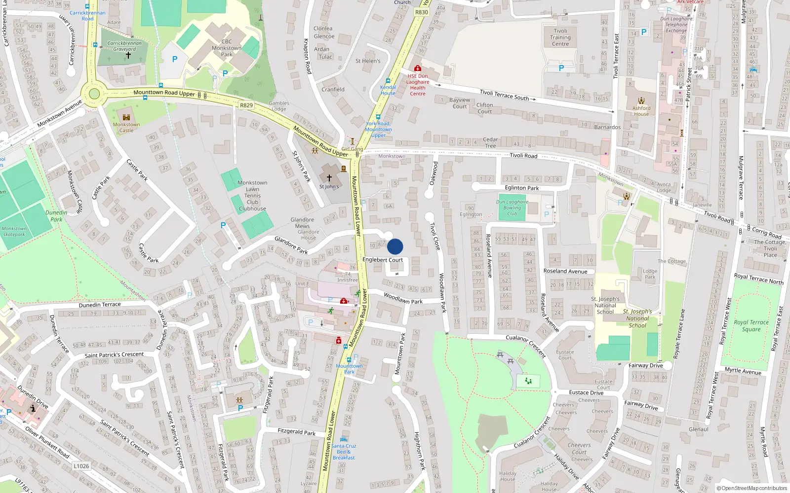 Overhead map showing the location of 4 St Johns Close, Dun Laoghaire, Dublin