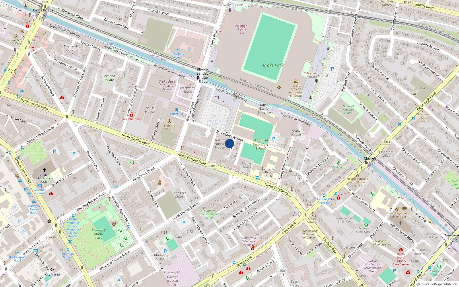 Overhead map showing the location of 4 St Josephs Terrace, C R, Dublin 1
