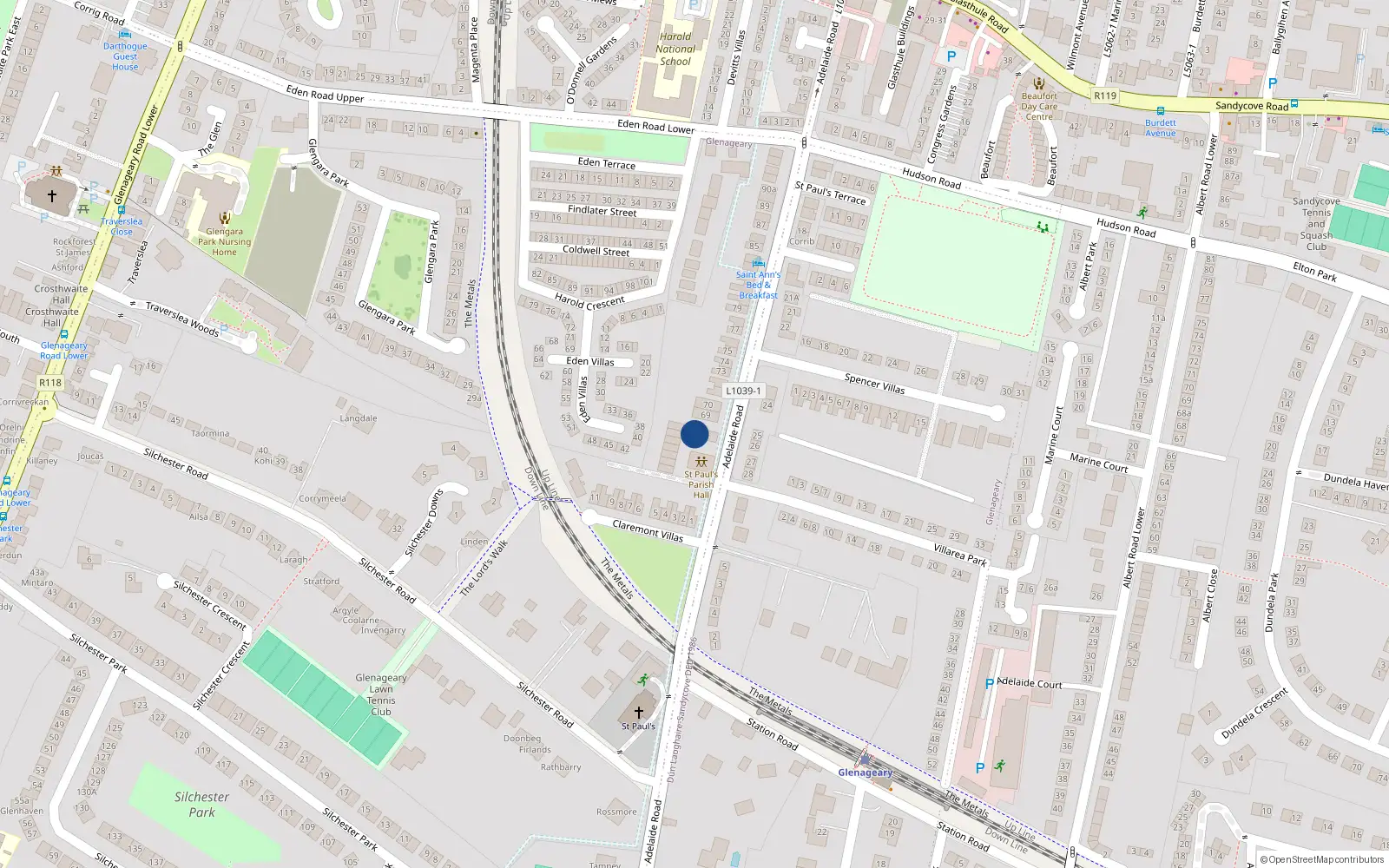Overhead map showing the location of 4 St Paul's Square, Adelaide Road, Glenageary