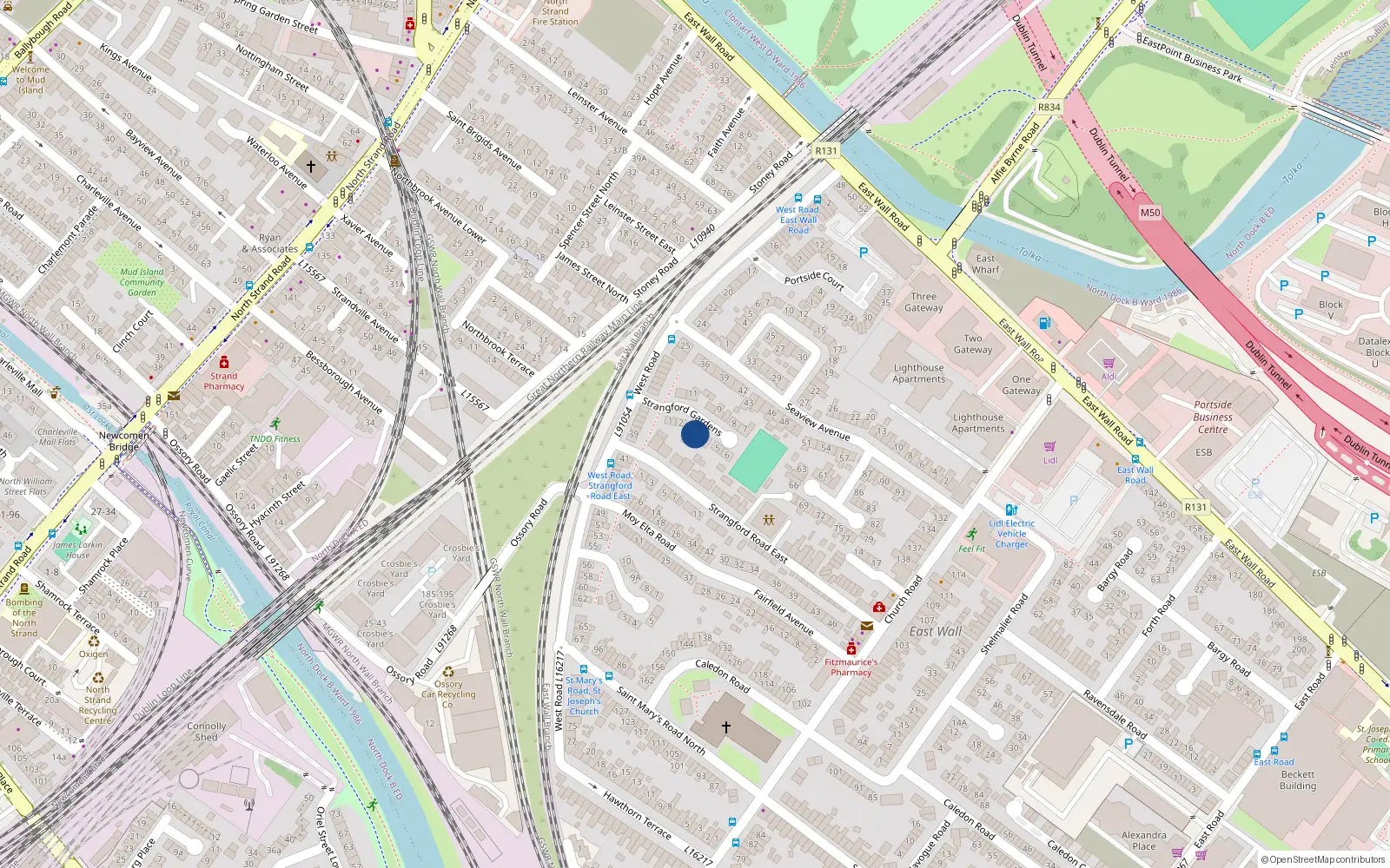 Overhead map showing the location of 4 Strangford Gardens, East Wall Dublin 3