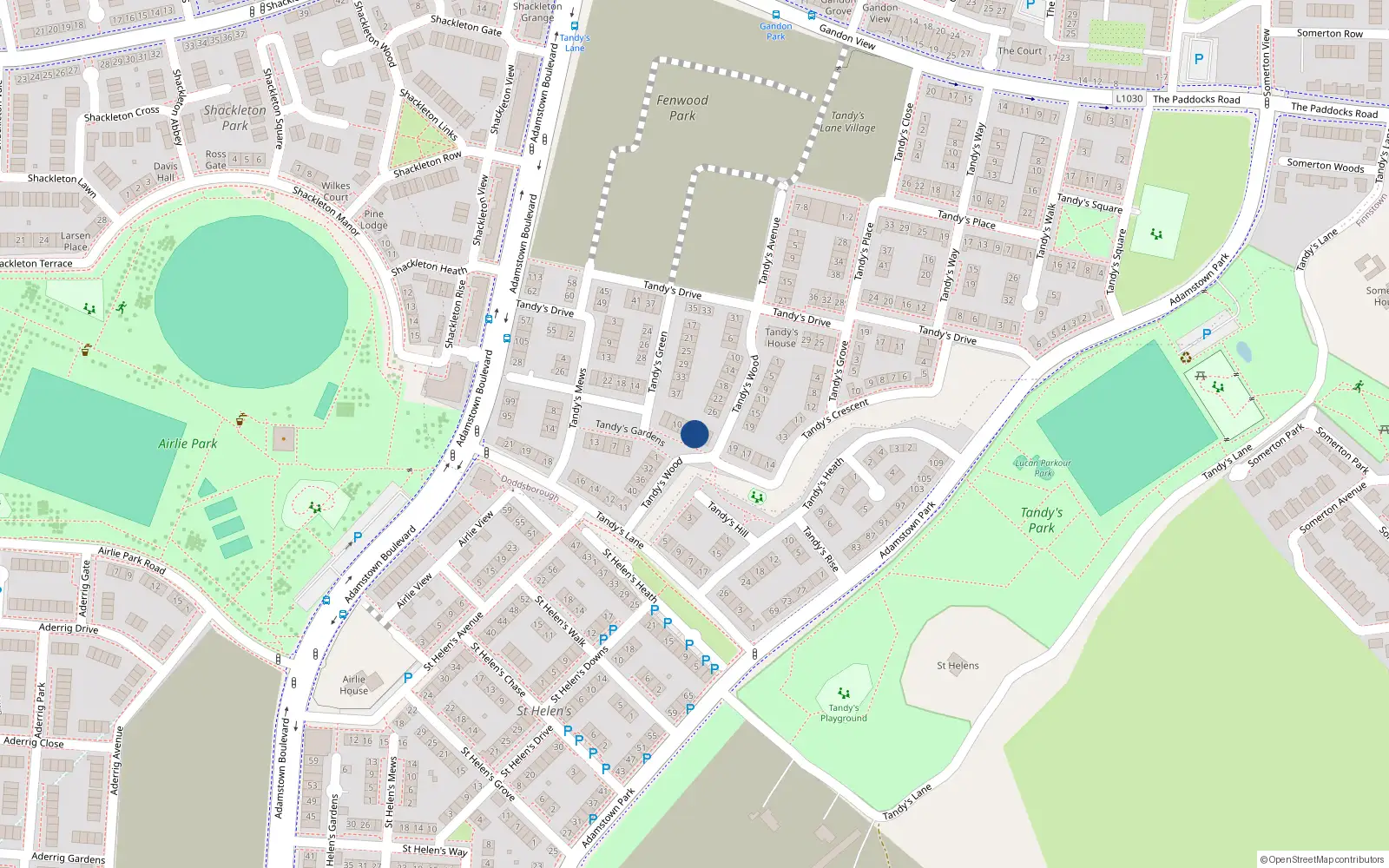 Overhead map showing the location of 4 Tandy's Gardens, Adamstown, Lucan