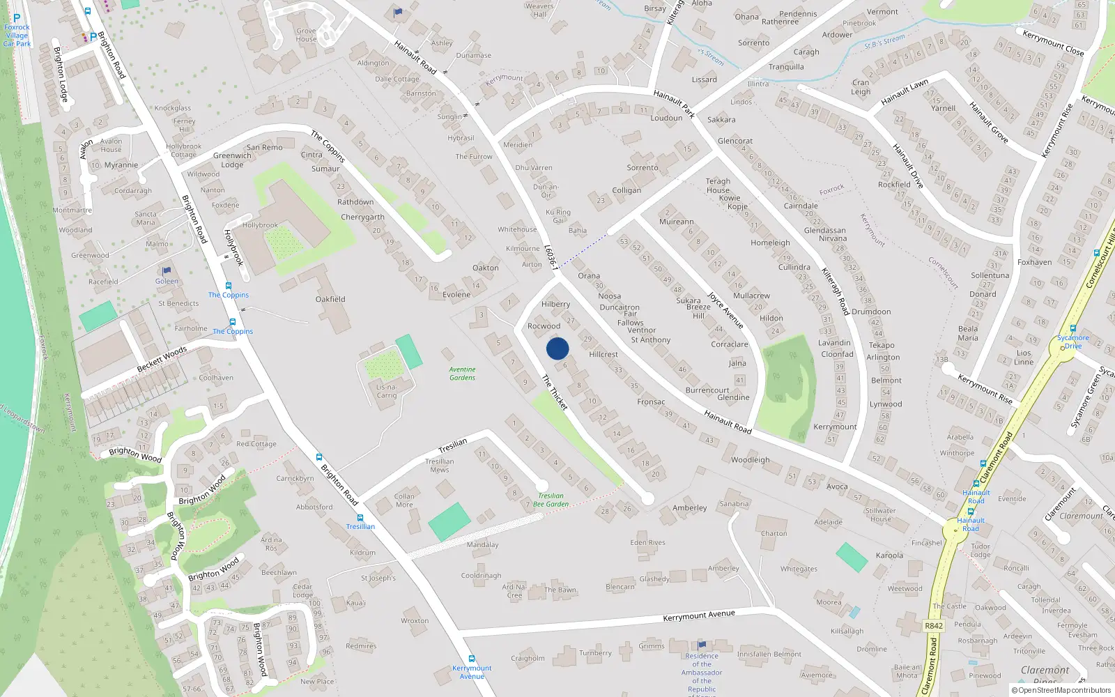 Overhead map showing the location of 4 The Thicket, Dublin 18