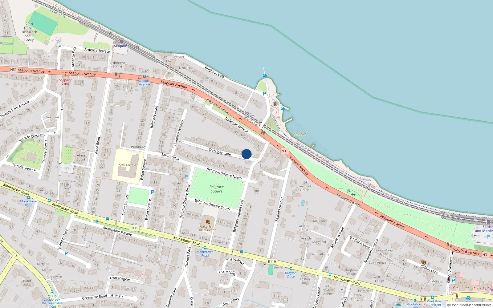 Overhead map showing the location of 4 Trafalgar Lane, Blackrock, Dublin