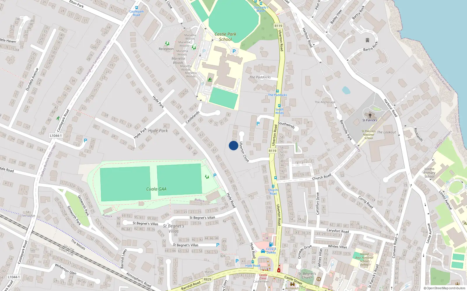 Overhead map showing the location of 4 Ulverton Close, Dalkey