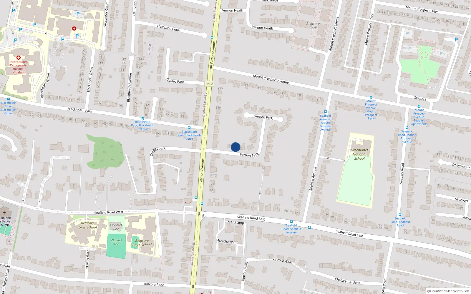 Overhead map showing the location of 4 Vernon Park, Clontarf, Dublin 3