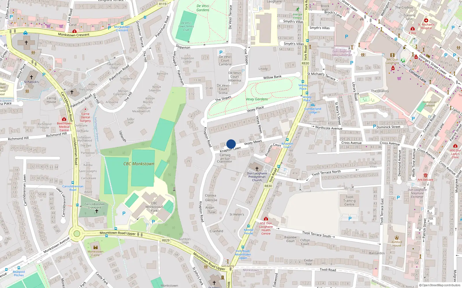 Overhead map showing the location of 4 Vesey Mews, Vesey Place Lane, Dun Laoghaire