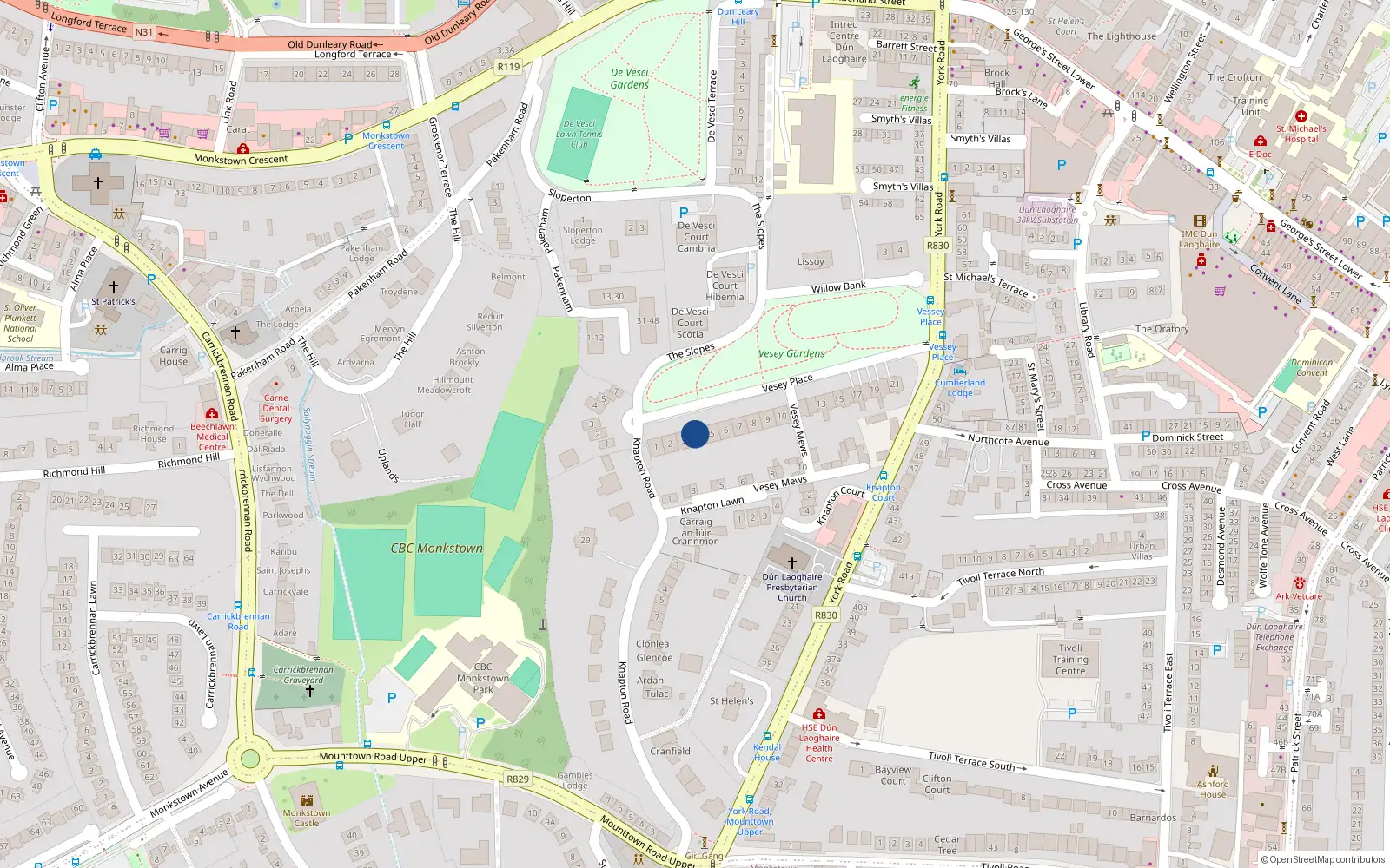 Overhead map showing the location of 4 Vesey Place, Dun Laoghaire, Dublin